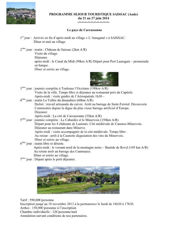 Séjour touristique SAISSAC (Aude)
